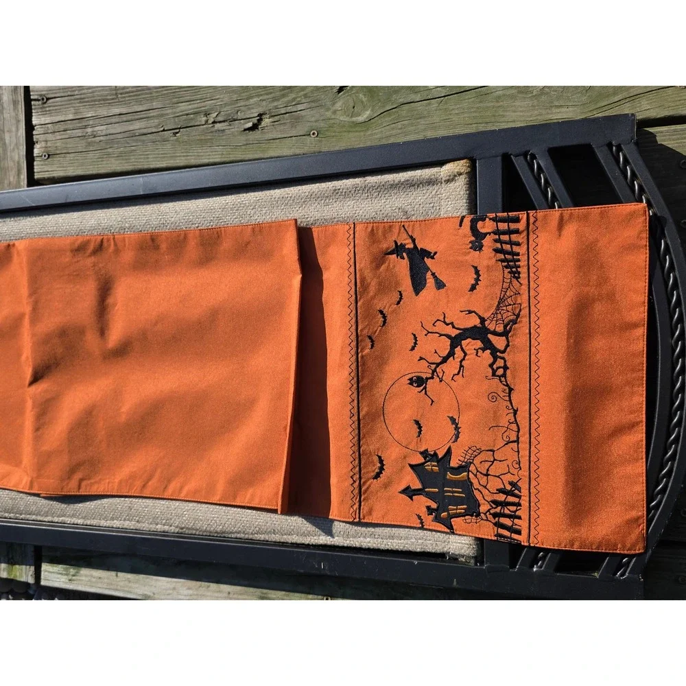 Orange Halloween Table Runner Haunted House Witch Embroidery 90 Inch Long